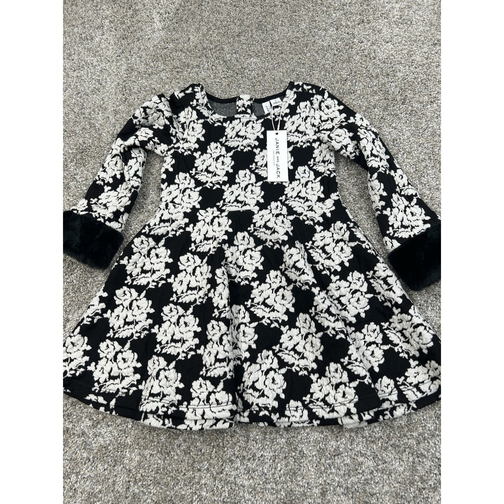 New Janie and Jack Girls White Black Jacquard Faux Fur Dress Size 3 #0276